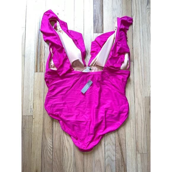 NWT J. Crew Pink Fushia One Piece Swim Suit Ruched Ruffle V Neck Women's 24 - Picture 3 of 9